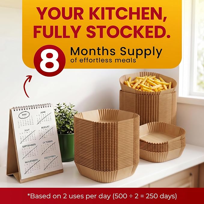500Pcs Air Fryer Liners Disposable, Non-Stick and Oil Proof for Easy Cleanup Airfryer Liners, 8” Square for 5-8 qt Basket by Baker's Signature