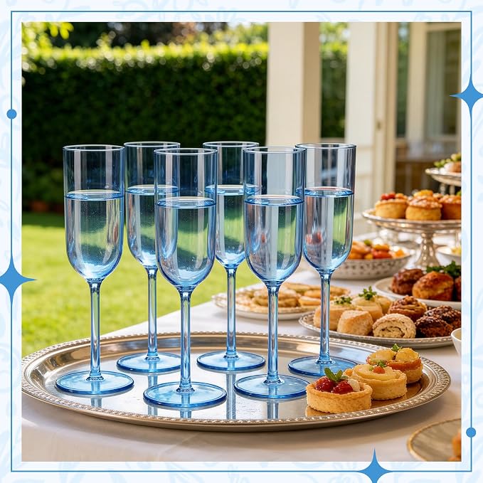 Plastic Champagne Flutes Set, 6oz Unbreakable Champagne Glasses Bulk, Shatterproof Reusable Mimosa Prosecco Sparkling Wine Cups for Wedding Party (Blue, 24pcs)