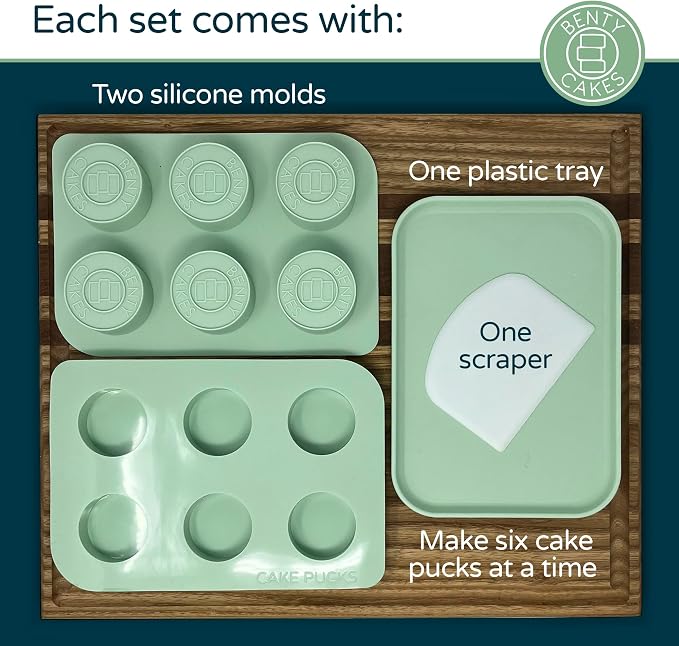 Benty Cakes – The Original Cake Puck Mold Set – Better than a Cake Pop! Make Chocolate Covered Desserts – BPA Free Silicone – Includes 1 Mold Set, 1 Plastic Tray and 1 Scraper – Green