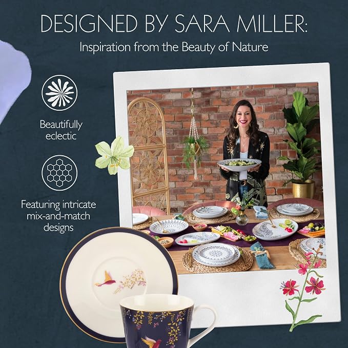 Portmeirion Sara Miller London Chelsea Teacup and Saucer, Navy | 8 Oz Cup for Drinking Tea and Coffee | Made from Fine China with Gold Detail | Handwash Only