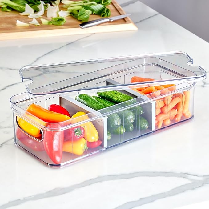 iDesign Recycled Plastic Crisp Large Divided Fruit and Vegetable Storage with Easy to Grip Integrated Handles Designed to Keep Food Fresh Longer, 14. 82" x 6. 32" x 3. 76"
