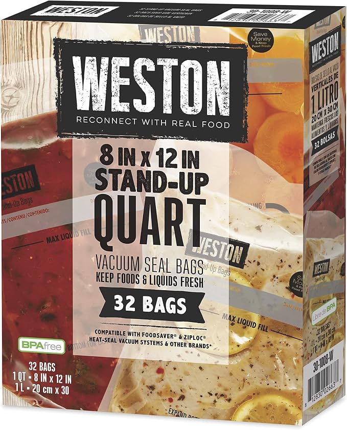 Weston 8" x 12" Stand Up Quart Vacuum Sealer Bags For Meal Prep & Sous Vide | 2 Ply 3mm Thick | Compatible With NutriFresh & FoodSaver | BPA Free | Stands Up For Liquid Sealing | 32 Count | Clear
