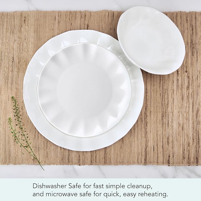 Mikasa Elodie Scalloped 12 Piece Bone China Durable Chip Resistant Lightweight Dinnerware Set, Service for 4, White
