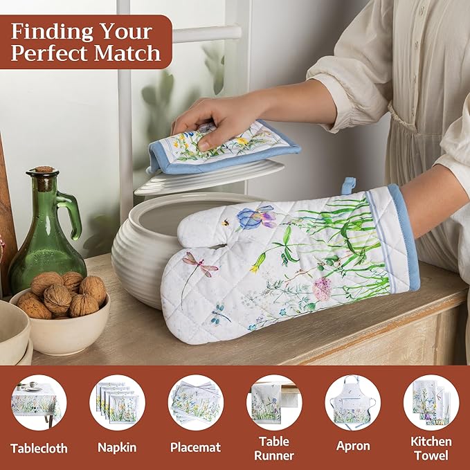 Maison d' Hermine 100% Cotton Oven Mitt & Pot Holder Set (7.5"x13" & 8"x8") Heat Resistant BBQ Cooking Gloves with Loop Baking Grilling Kitchen Gifts for Mothers Day Spring/Summer (Fleurs De Mai)