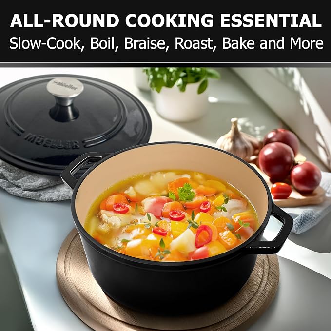 MUELLER HOME 6 Quart Enameled Cast Iron Pot Dutch Oven, Heavy-Duty Oven-Safe up to 500° F, & Across All Cooktops, Casserole Dishes for Ovens, Bread Pan with Lid and Knob, Cast Iron Cookware, Black