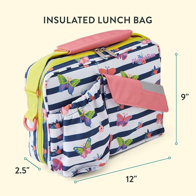 PlanetBox Rover Stainless Steel Bento Box Style Lunch Box Kit for Youth with 5 Compartments – Butterflies Edition includes Insulated Lunch Bag, Leakproof Food Containers & Matching Magnets