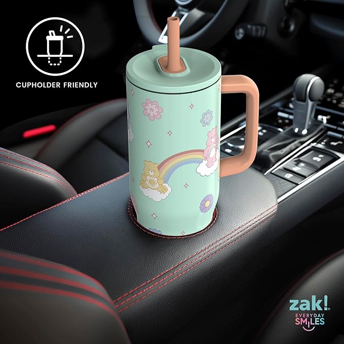 Zak Designs Care Bears Sutton Travel Tumbler for On the Go, 30oz Stainless Steel with Vacuum Insulation, Silicone Straw, and Carry Handle for Cold Drinks (Care Bears)