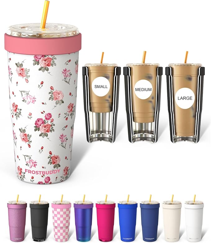 Frost Buddy Togo Buddy 30 oz Stainless Steel Vacuum Insulated Tumbler To Go Coffee Cup – Iced Coffee Cups, Iced Coffee Sleeve, Travel Mug, Thermal Cup for Hot & Cold Drinks, Dunkin Cup (Pink Floral)