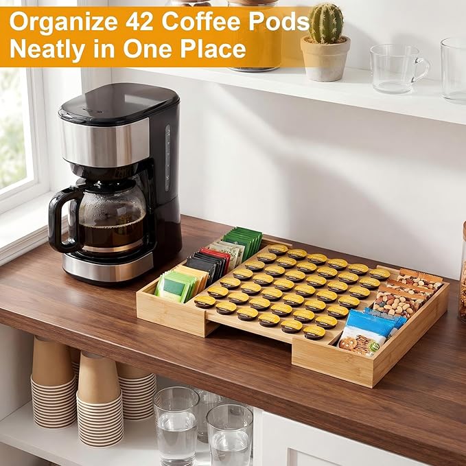 SiliFine Bamboo Pod Holder Compatible with K Cup, 42 Pod Capacity Drawer Organizer, Expandable Coffee Capsules Storage for Tea Bags, Espresso Capsules, Home Office Kitchen Accessories