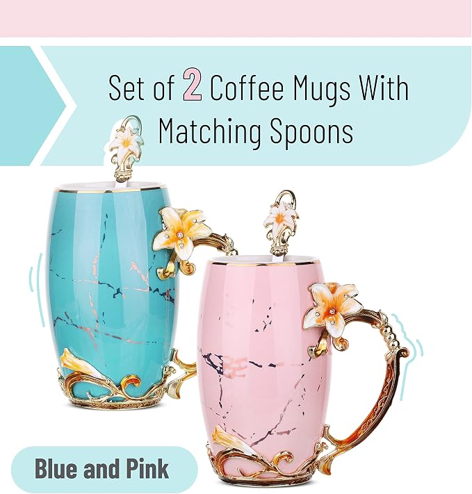 BTaT- Floral Ceramic Mugs with Spoon, Set of 2, Pink and Blue, Fancy Coffee Mugs with Spoon