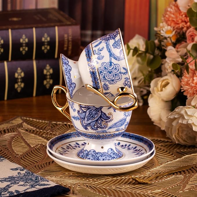 KAMMAK Tea Cups and Saucers Set of 2, Fine Bone China Coffee Cups, 8.5-Ounce Stackable Espresso Mugs, Ceramic Demitasse for Coffee, Cappuccino, Latte, Americano, Tea, Tall Navy