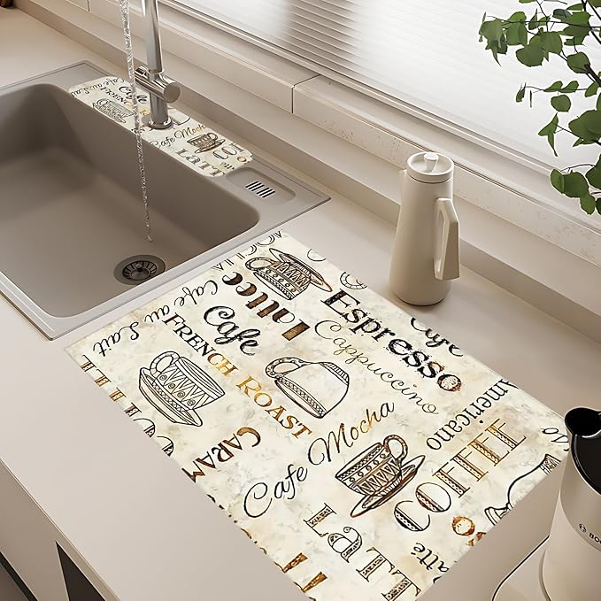 2Pcs Dish Drying Mats Faucet Mats Sets Large Size Coffee Mats Sink Faucet Mat Splash Guard for Kitchen Counter Bathroom Sink Coffee Bar Kitchen Decor (Retro Coffee, 18"x24" 15" x 5.5"Set)