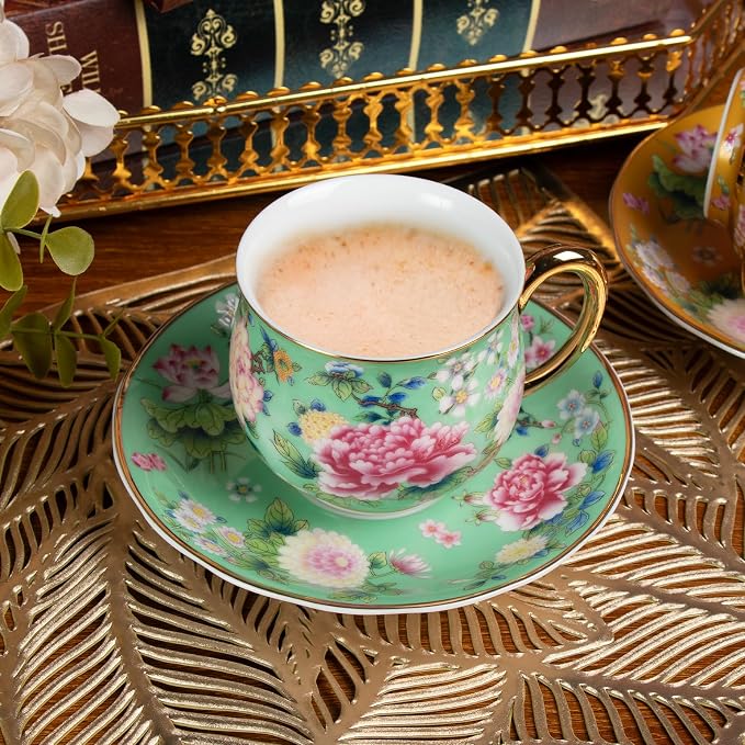 KAMMAK Tea Cups and Saucers Set of 2, Porcelain Coffee Cups, 7.1oz Stackable Espresso Mugs, Ceramic Demitasse for Coffee, Latte, Americano, Tea (942N+944N)