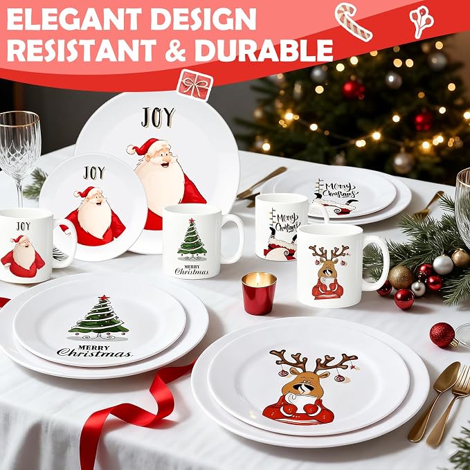 12 Piece Christmas Melamine Dinnerware Set for 4 Guest, 10" Dinner Plates, 8" Salad Plates, 9 oz Mug Shatterproof Xmas Dishes Gift for Home Party Festive Holiday Celebrations