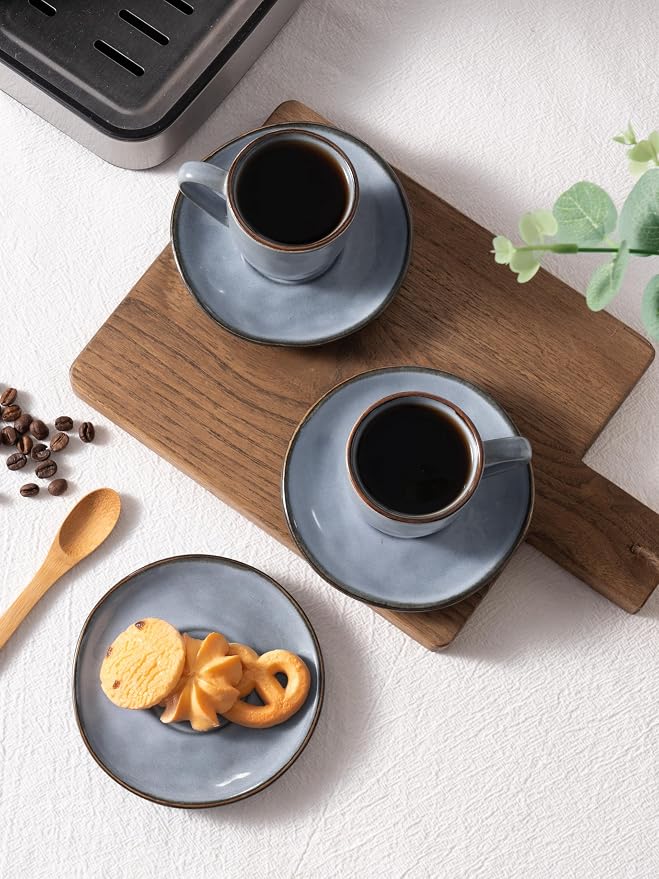 famiware Ocean Espresso Cups with Saucers Set of 4, 3.34oz Espresso Cup Set, Coffee Mug Set for Latte, Macchiato, Stoneware Demitasse Cups Set for Cafe, Microwave&Dishwasher Safe, Blue