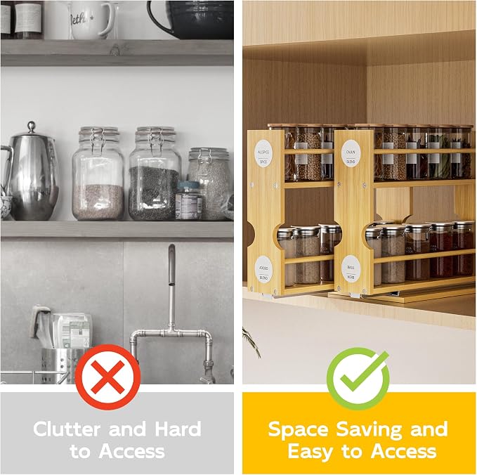Jolitac Bamboo Pull Out Spice Rack for Cabinet, Slide Out Drawers | Space-Saving, Vertical Organization, Easy to Install, 2.3" Wide, 4 Drawers(1.85" Wide), 2-Tier