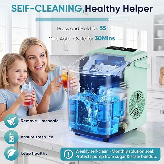DUMOS Ice Maker Countertop, Ice Machine with Portable Handle, Basket and Scoop, 26lbs Daily, 9 Bullet Cubes in 6-8 Mins, Auto-Cleaning for Home, Kitchen, Office, Outdoors, RV Camping