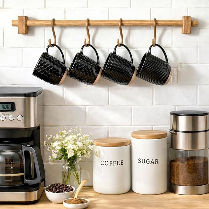 GBhome Large Coffee Mugs Set of 4, 16oz Handmade Embossed Coffee Mugs Set with Large Handle for Cappuccino/Latte/Tea/Hot Cocoa, Dishwasher & Microwave Safe, Black