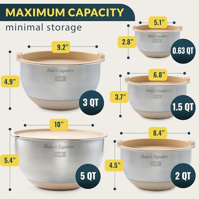 Baker's Signature Stainless Steel Mixing Bowls with Lids Set, 5 Sizes, 3 Graters, Non-Slip Base, Airtight Lids, Metal Mixing Bowls for Kitchen, Food Prep, Storage, 0.63QT-5QT, Khaki