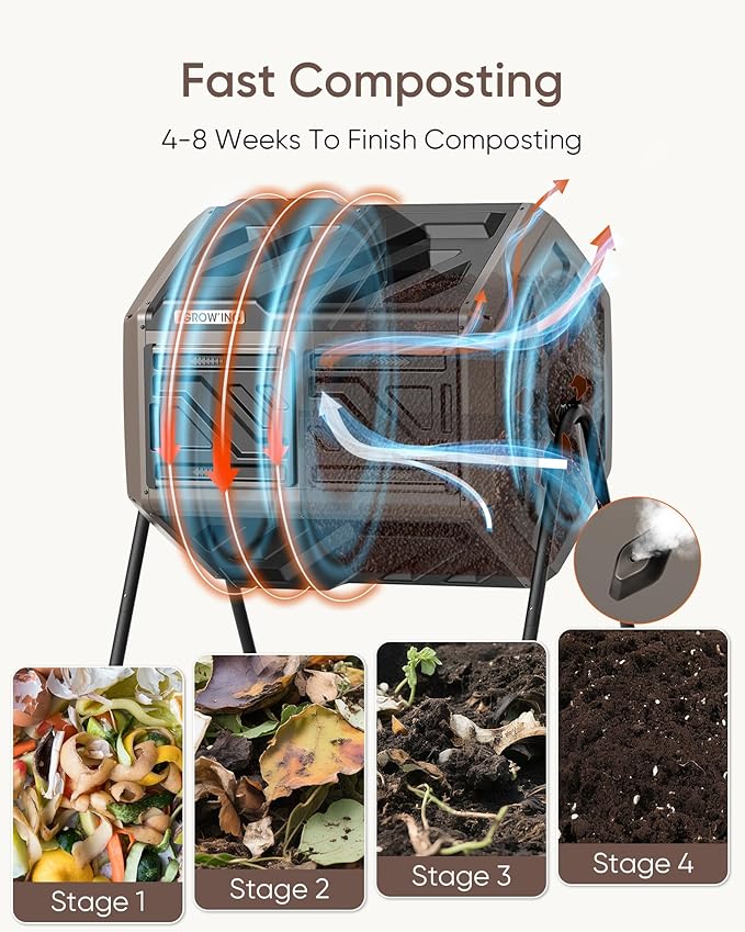 THEGROW'ING 43 Gallon Dual Chamber Compost Bin with Built-in Nuts, Outdoor Rotating Composter Tumbler for Garden Backyard, Brown