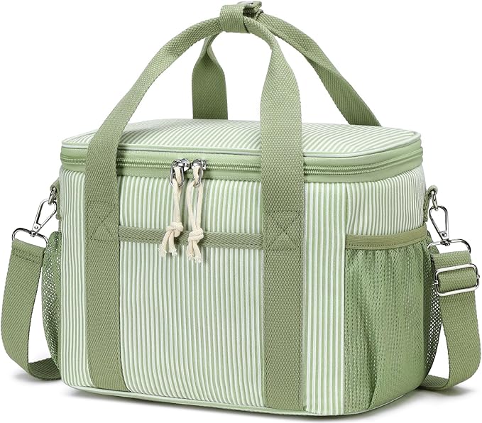 BTOOP Insulated Lunch Box for Women, Cute Corduroy Lunch Bag with Shoulder Strap, Leakproof Wide-Open Lunch Tote for Work, Office, School, Picnic, Green White Stripes