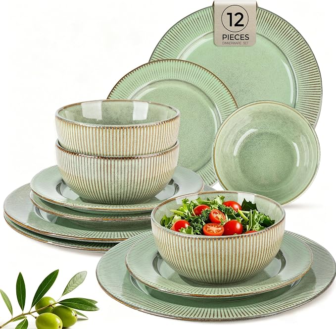 GBHOME Ceramic Dinnerware Sets,12 pcs Embossed Elegant Stoneware Plates and Bowls Sets, Housewarming Wedding Gift | Dishwasher & Microwave Safe | Dishes Set Service for 4