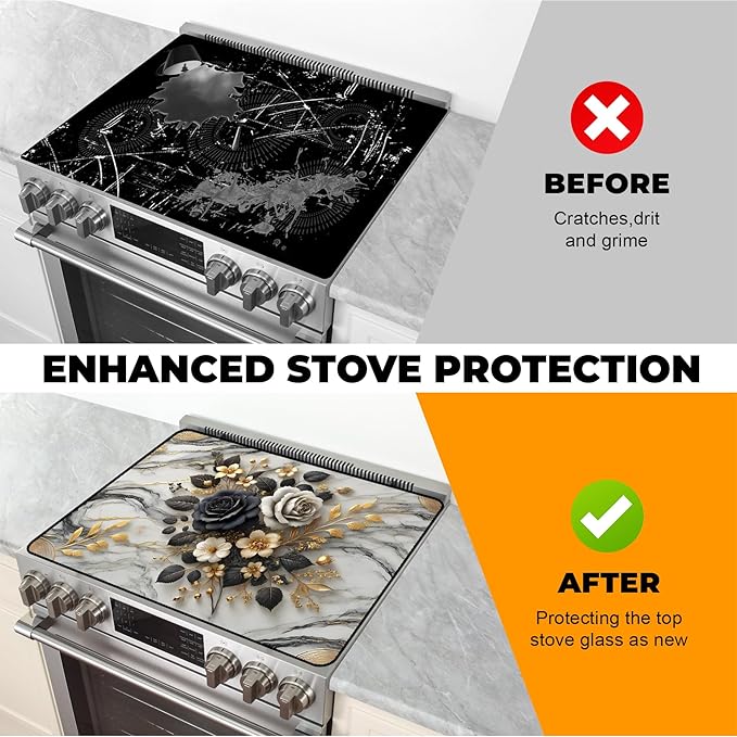 Heat-Resistant Glass Stove Top Cover with Anti-Slip Rubber Coating – 28.5x20.5 Inch Electric Stove Protector, Scratch-Resistant, Expands Counter Space, Stylish Kitchen Decor
