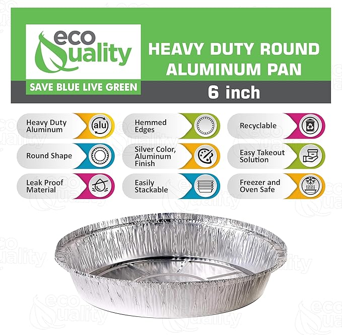 EcoQuality 6" Round Aluminum Foil Pans - Disposable Containers with Foldable Walls for Pie Baking, Cooking, Serving, Reheating, and Storing - Freezer and Oven Safe Tart Pan 500 Pack