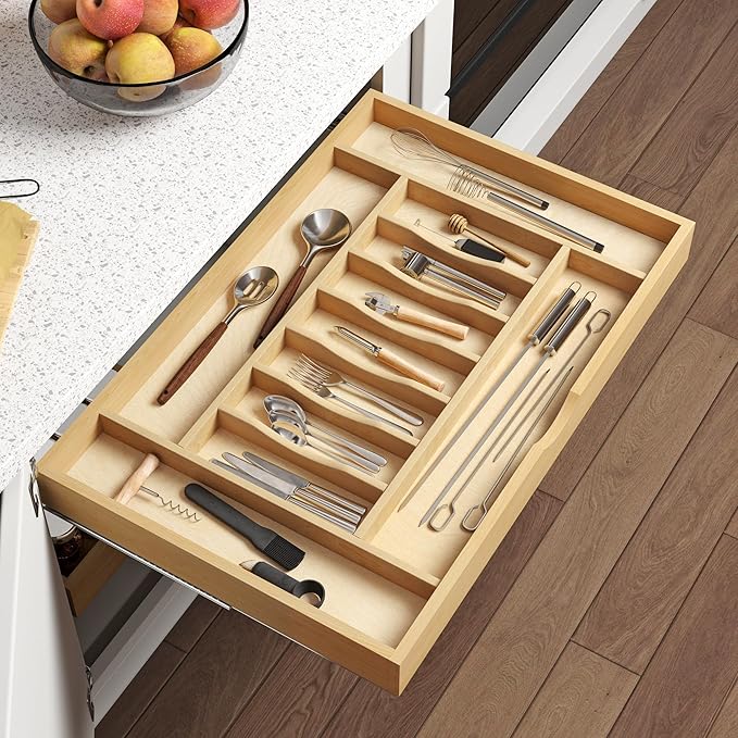 WelFurGeer Premium Wooden Silverware Organizer for Kitchen Drawers, Utensil Tray for Kitchen Drawer, Cutlery Drawer Organizer for Forks, Spoons, Knives - Sturdy Birchwood, Natural Finish