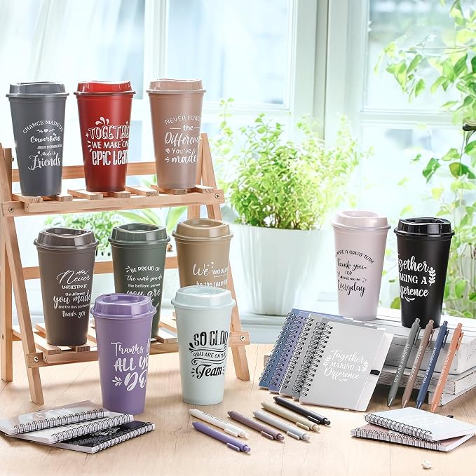 Teenyyou 60 Pcs Employee Appreciation Gift Set, 16oz Tumbler with Lid Notebook Pen Bulk Thank You Gift Holiday Party Favor for Teachers Office Coworker Teacher Staff Team (Dark Color,Elegant Style)