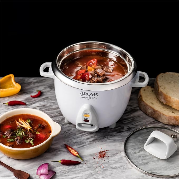 AROMA® Select Stainless® Rice Cooker, 3-Cup (Uncooked) / 6-Cup (Cooked), Stainless Steel Inner Pot, Small Rice Cooker, Auto Keep Warm, 1.2 Qt, White, ARC-753SG