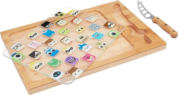 PICNIC TIME Disney Pixar Collection Icon Glass Top Cheese Board and Knife Set, Charcuterie Serving Tray, Removable Tempered Glass, Parawood and Bamboo Design, (Parawood & Bamboo)