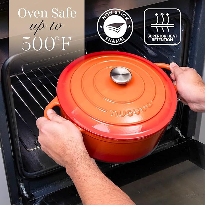 Nuovva Enamelled Cast Iron Dutch Oven Pot with Lid-6.4 Quart Non Stick Casserole Pot-Heavy Duty & Oven Safe up to 500° F for Bread Baking, Braising, Stews, Roasting - 28cm Orange