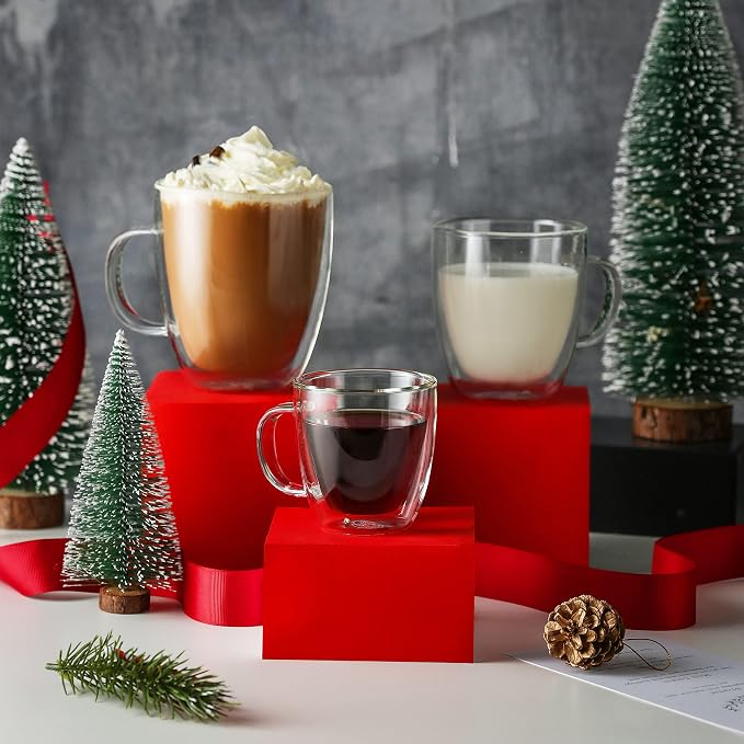 CNGLASS Insulated Espresso Glass Mugs 5.4oz/160ml, Small Clear Coffee Mugs Set of 2, Double Wall Glass Cups with Handle for Tea and Macchiato
