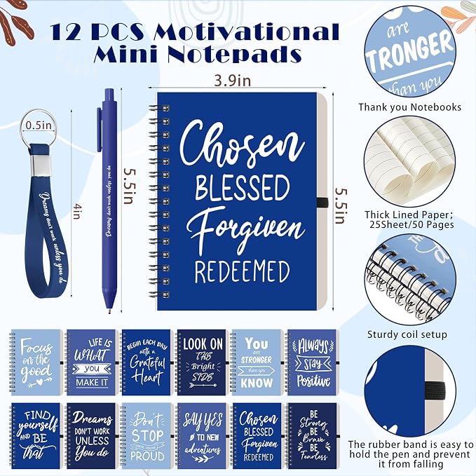 Skylety 12 Sets/48 Pcs Employee Appreciation Gift Baskets Bulk 16oz Inspirational Coffee Cup with Spiral Notebook, Pen & Keychain, Thank You Gifts for Staff, Teacher,Coworker, Team (Gradient Blue)