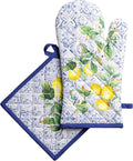 Maison d' Hermine 100% Cotton Oven Mitt & Pot Holder Set (7.5"x13" & 8"x8") Heat Resistant BBQ Cooking Gloves with Loop Baking Grilling Kitchen Gifts for Mothers Day Spring/Summer (Citrus)