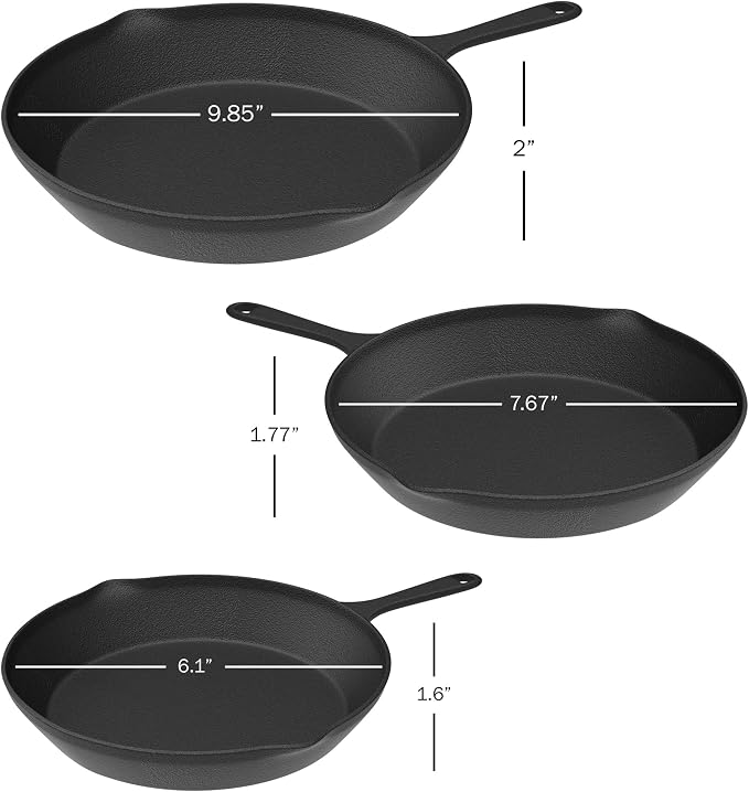 Pre Seasoned Cast Iron Skillets - 3 Pan Set - 9 inches, 8 inches, 6 inches - 1.5 to 2 inches deep - Durable with Strong Handle - Great for both veggies and meat