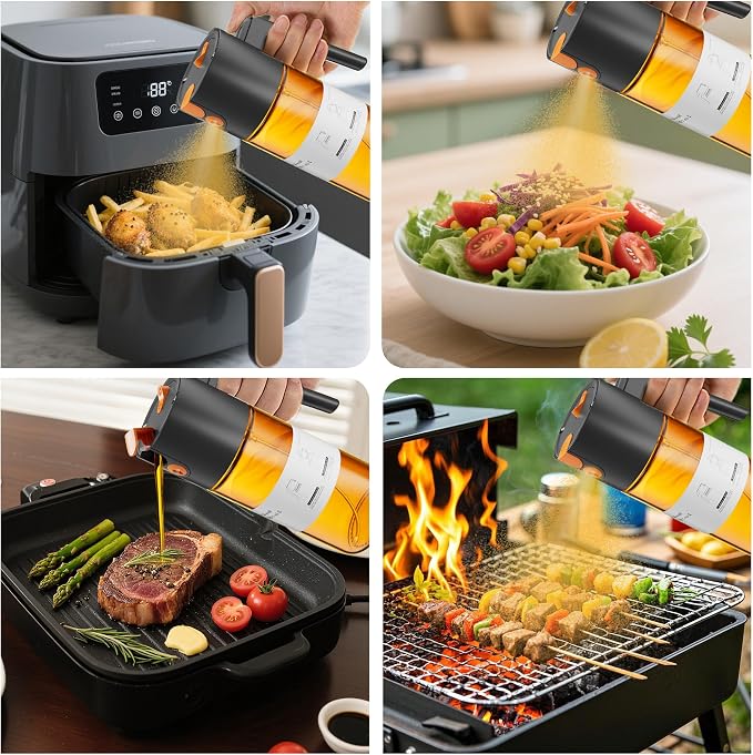 LAKUMIQI 2 in 1 Oil Sprayer for Cooking, 17oz Light-Blocking Glass Spray Bottle with Stickers, Oil Dispenser for Salad, Air Fryer & BBQ