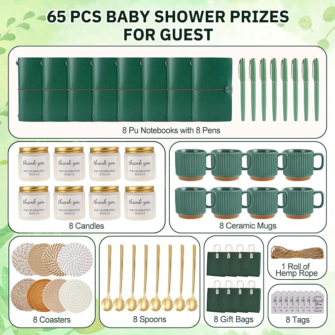 Baby Shower Prizes for Game Winners Baby Shower Games Prizes Ceramic Mugs with Metal Spoons Woven Coasters Notebooks Scented Candles Gift Bags Wedding Bridal Shower Favors for Guests (8, Green)