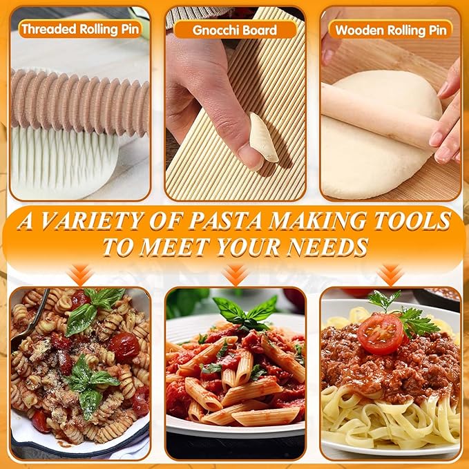 Pasta Making Tools, 10 Pcs Wood Pasta Making Kit with 3 Rolling Pins, 1 Gnocchi Board, 1 Dough Cutter, 1 Ravioli Cutter, 2 Pasta Stamps, 2 Round Cutter, Ravioli Pasta Cutter Set for Pasta Maker