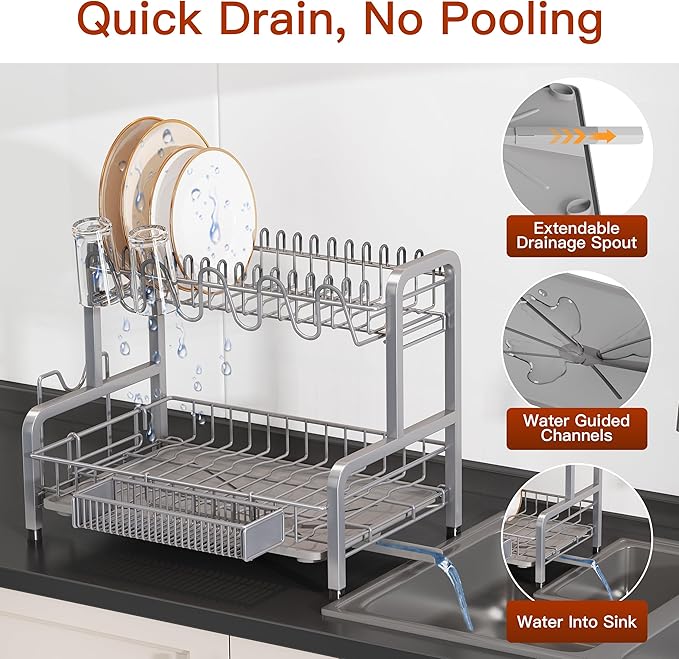 2 Tier Dish Drainer Drying Rack for Kitchen Counter, Large Stainless Steel Dishes Dryer with Drainboard, Space Saving, Big Rustproof Metal Modern Countertop Plates Strainer with Utensil Holder, Sliver