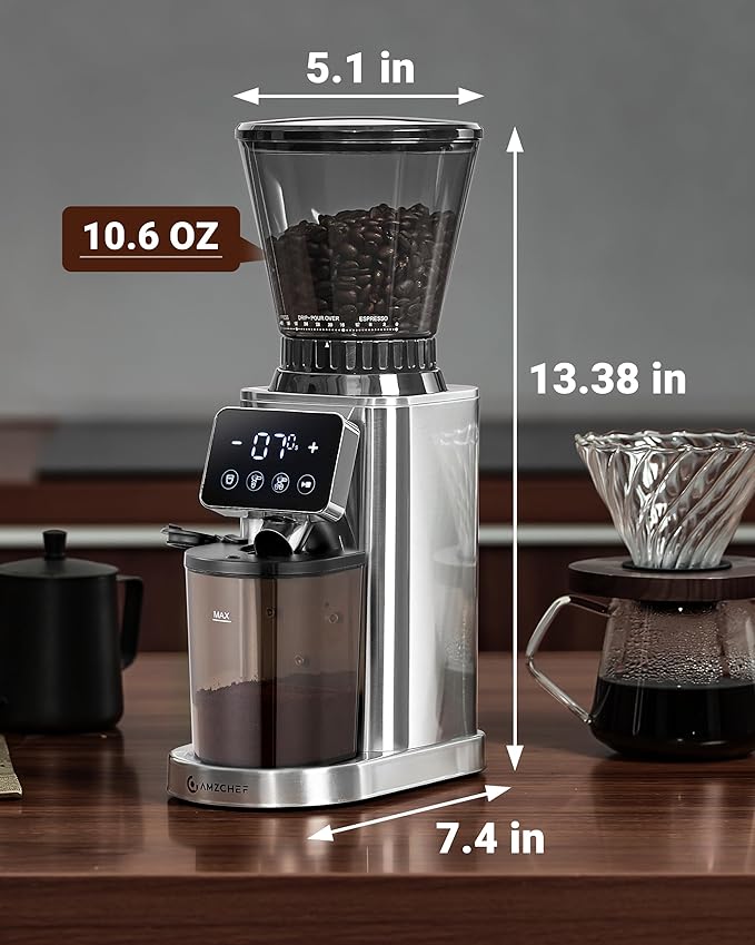 AMZCHEF Coffee Grinder, Coffee Bean Grinder for Home Use with Precise Grinding, LED Control Panel, Detachable Funnel Stand, Anti-static Design, 48 Grind Settings, Metallic Silver