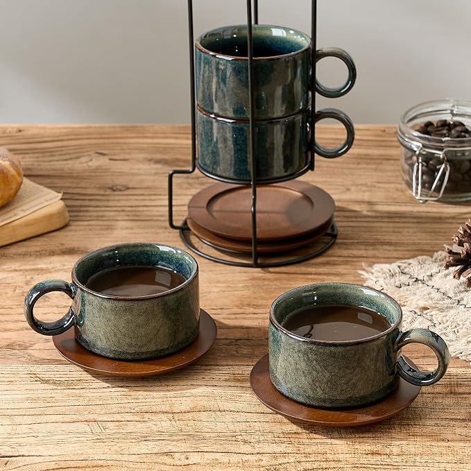 LUKA 6 Ounce Porcelain Stackable Espresso Cups with Saucers and Metal Stand Set of 4, Ceramic Cappuccino Cups Set for Specialty Coffee Drinks, Latte, Cafe Mocha and Tea, Kiln Tide Glaze
