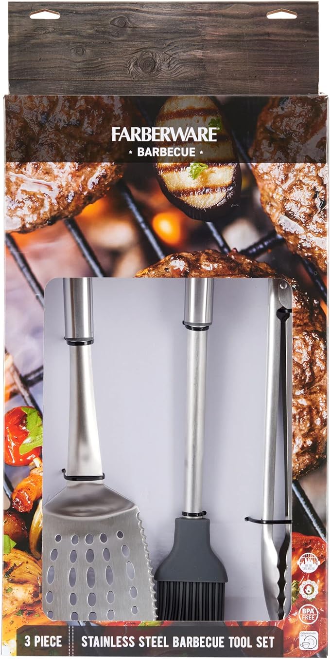 Farberware BBQ Stainless Steel Tool Set, 3 Piece, Stainless Set