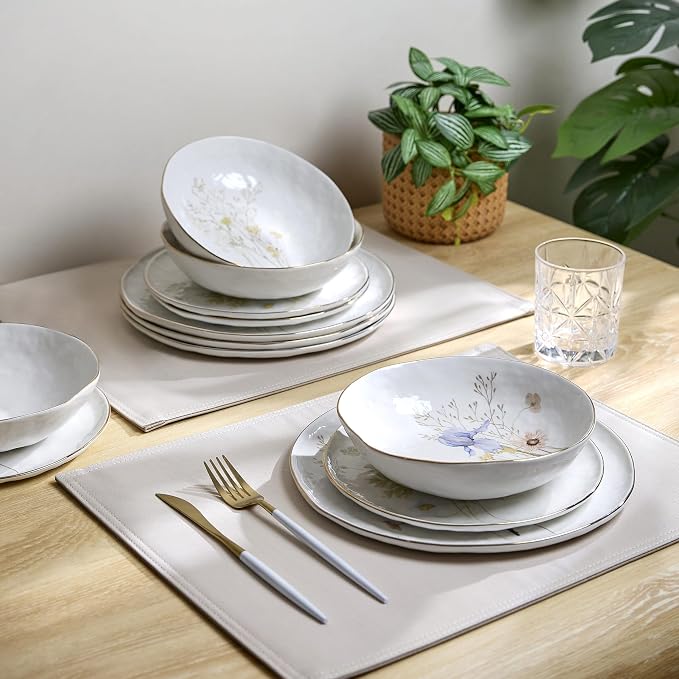 Sango 12-Piece Luxury Porcelain Dinnerware Set for 4- Glossy White Plates and Bowls Sets with Wildflower Patterns and Gold Rims, Ceramic Dish Set, Elegant Dishes for Everyday Dining, Gansevoort