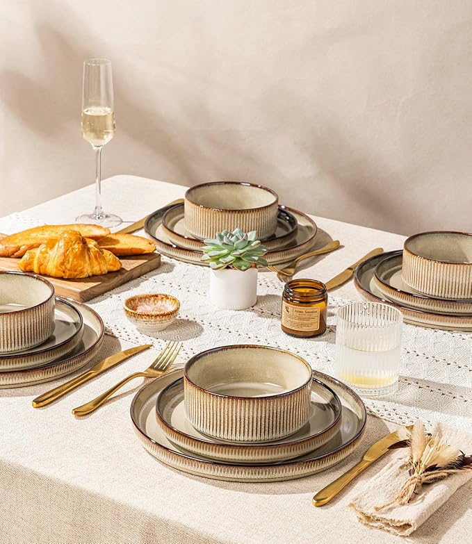 GBHOME Stoneware Dinnerware Sets for 4,12 Pieces Lightweight Ceramic Ribbed Plates and Bowls Set,Reactive Glaze Stackable Plate Sets,Scratch Resistant Dishes,Microwave &Dishwasher Safe, Smokey Taupe