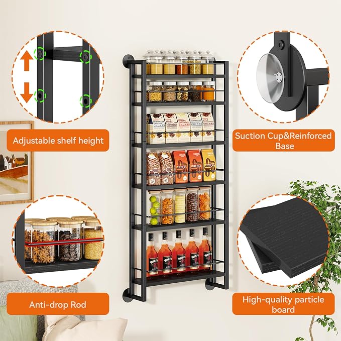 IBUYKE 6 Tier Over The Door Pantry Organizer,Wall Mounted Spice Rack,Door Hanging or Wall,Adjustable Hanging Storage Shelves,Spice Organization for Kitchen cabinet,Bathroom,Closet,Black UTLJ028B