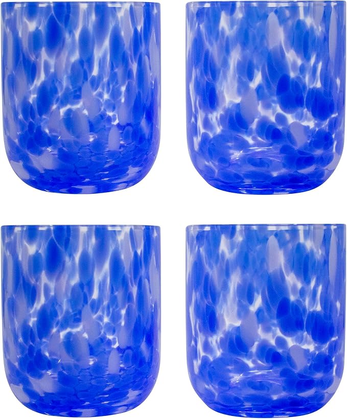 Stephanie Imports Set of 4 Handcrafted Double Old-Fashioned Confetti Drinking Glasses (12 oz) (Ocean Blue & White)
