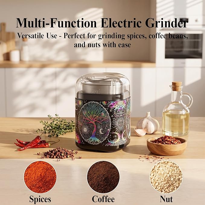 Spice Grinder, One-Touch Fast Grinder with Stainless Steel Blades, Cute Grinder with Unique Pattern Design, Electric Grinder for Spices, 5.1" (Black)