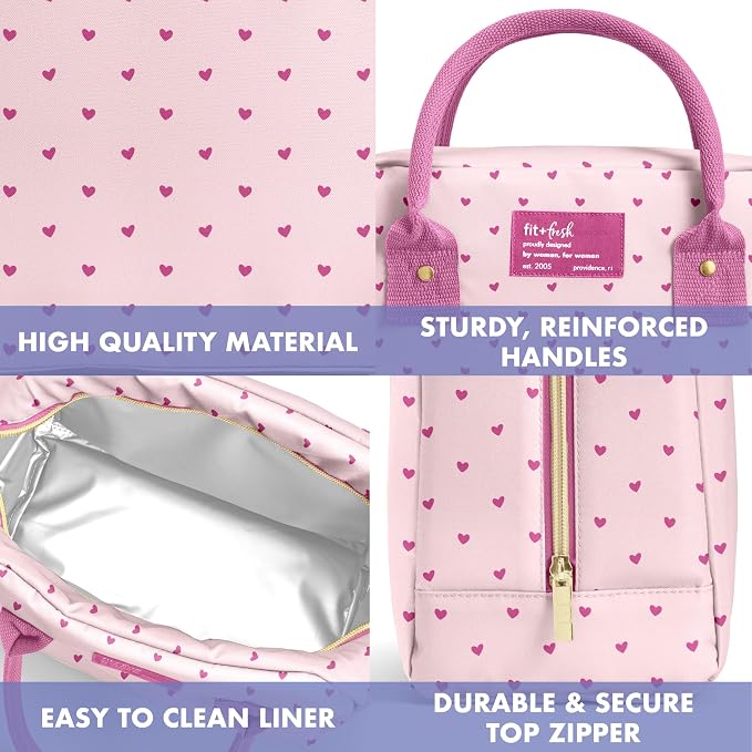 Fit & Fresh Bloomington Lunch Bag for Women - Insulated Large Lunch Box for Work with Containers, Leak-Resistant, Stain-Resistant, Zipper Closure, Tiny Pink Hearts
